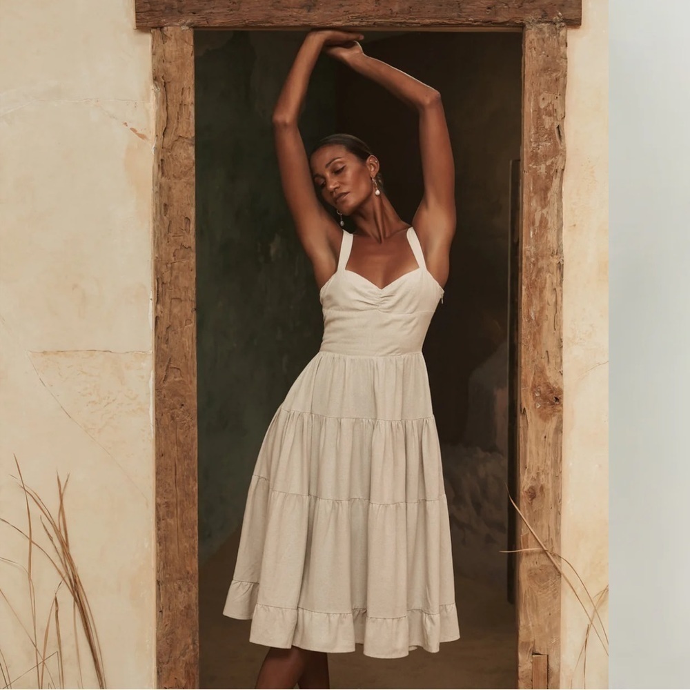 NEW MESHKI Adriana Linen Midi Dress Natural XS
